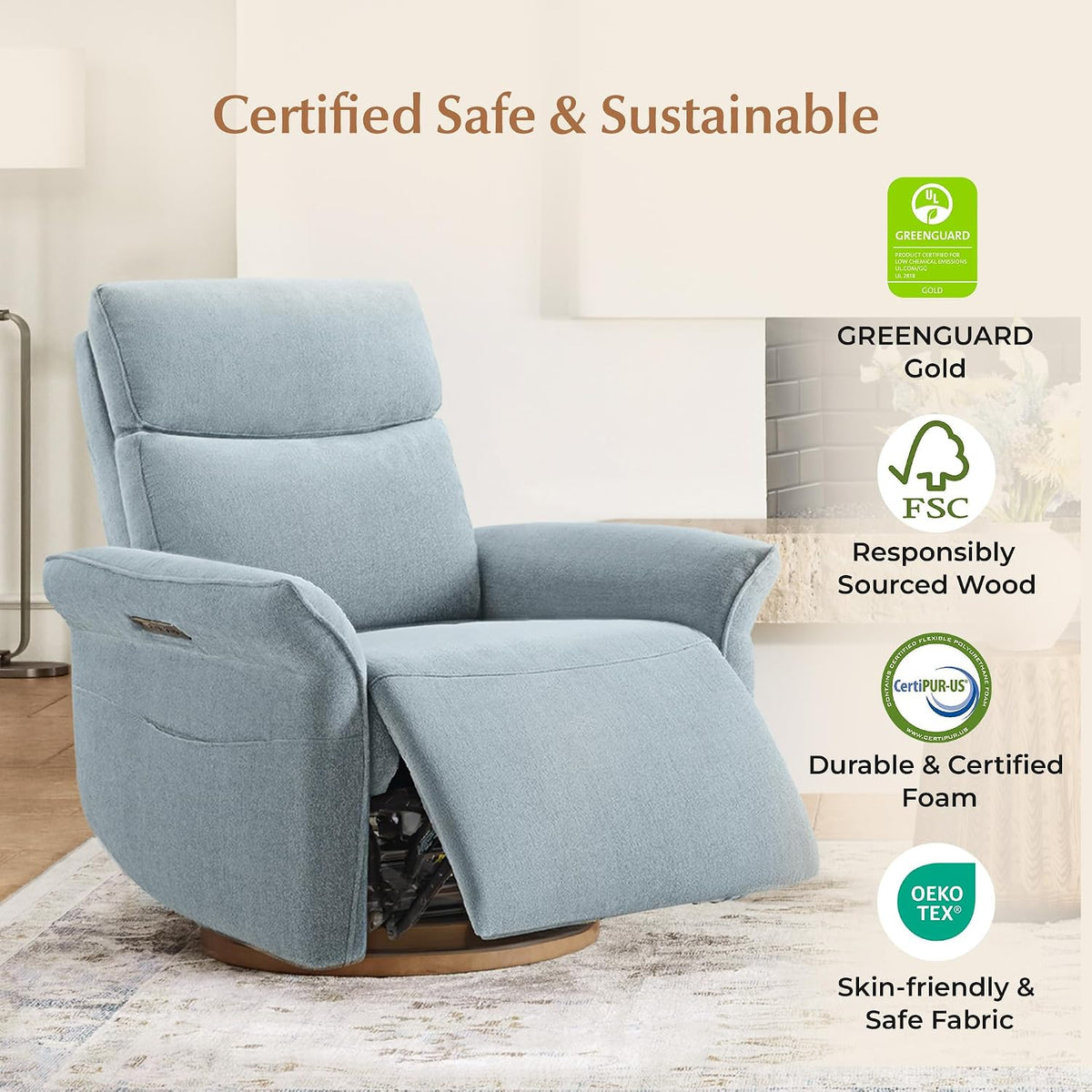 Power Swivel Glider Nursery Recliner Chair, Triple Motor, Khaki Grey