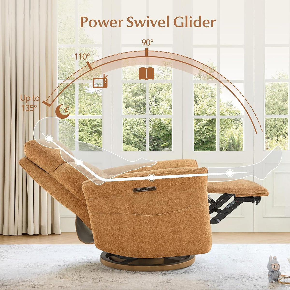 Power Swivel Glider Nursery Recliner Chair, Triple Motor, Khaki Grey