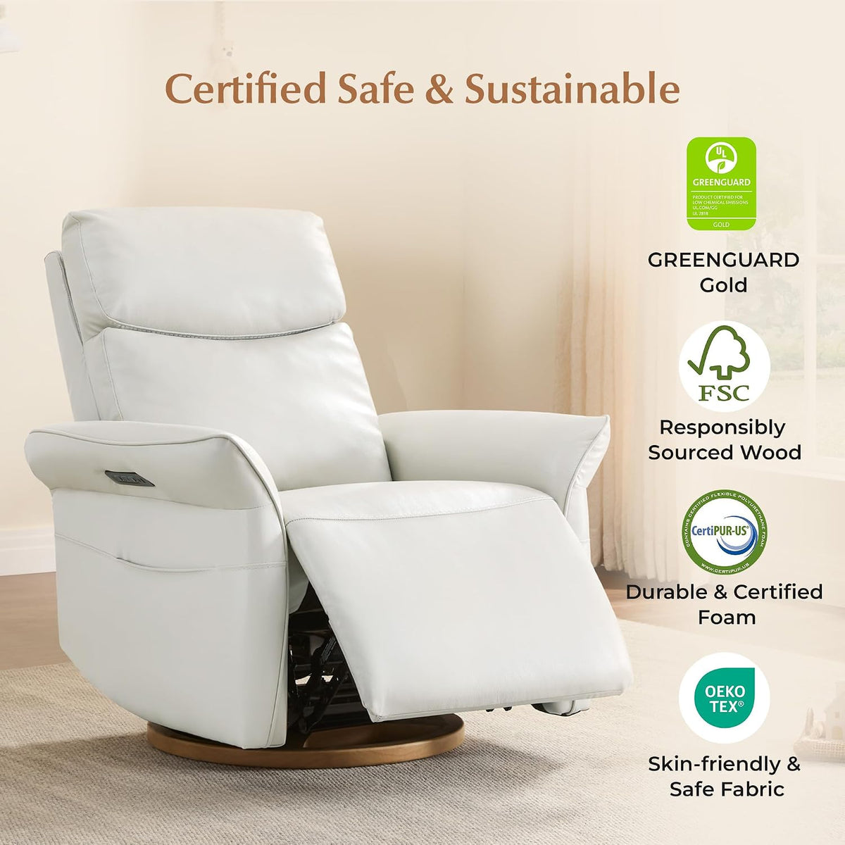 Power Swivel Glider Nursery Recliner Chair, Triple Motor, Khaki Grey