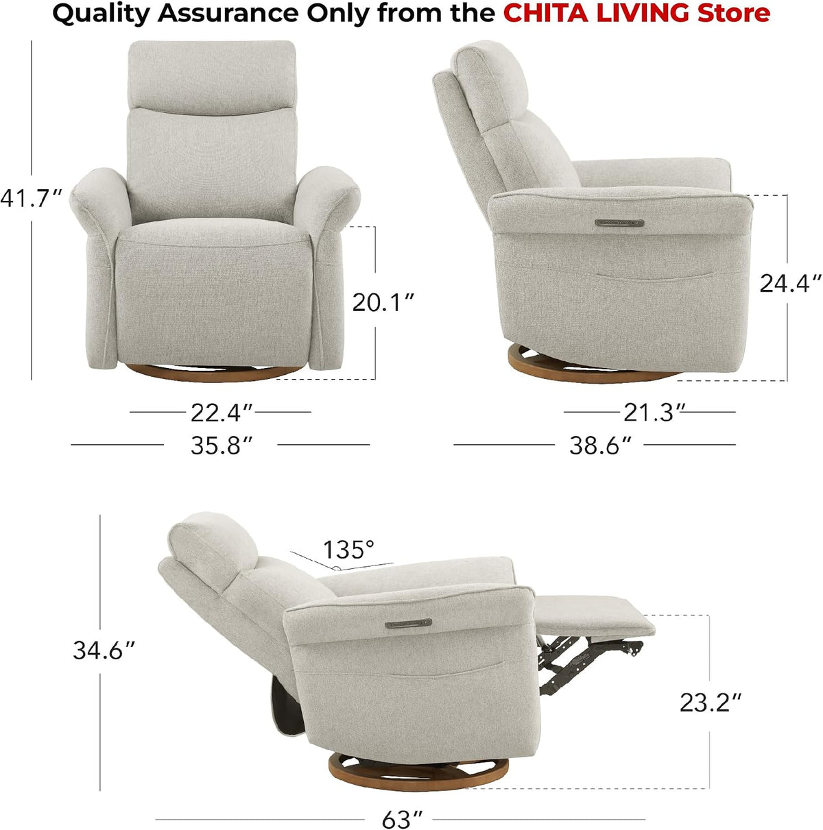 Power Swivel Glider Nursery Recliner Chair, Triple Motor, Khaki Grey