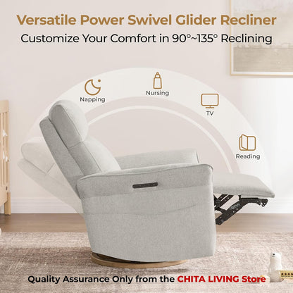 Power Swivel Glider Nursery Recliner Chair, Triple Motor, Khaki Grey