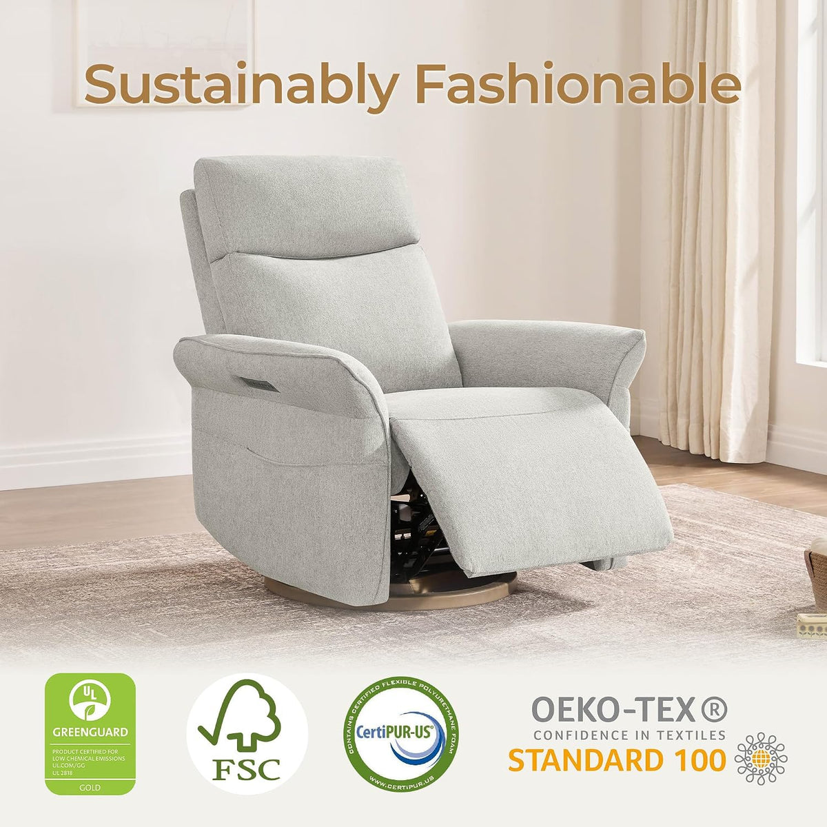 Power Swivel Glider Nursery Recliner Chair, Triple Motor, Khaki Grey