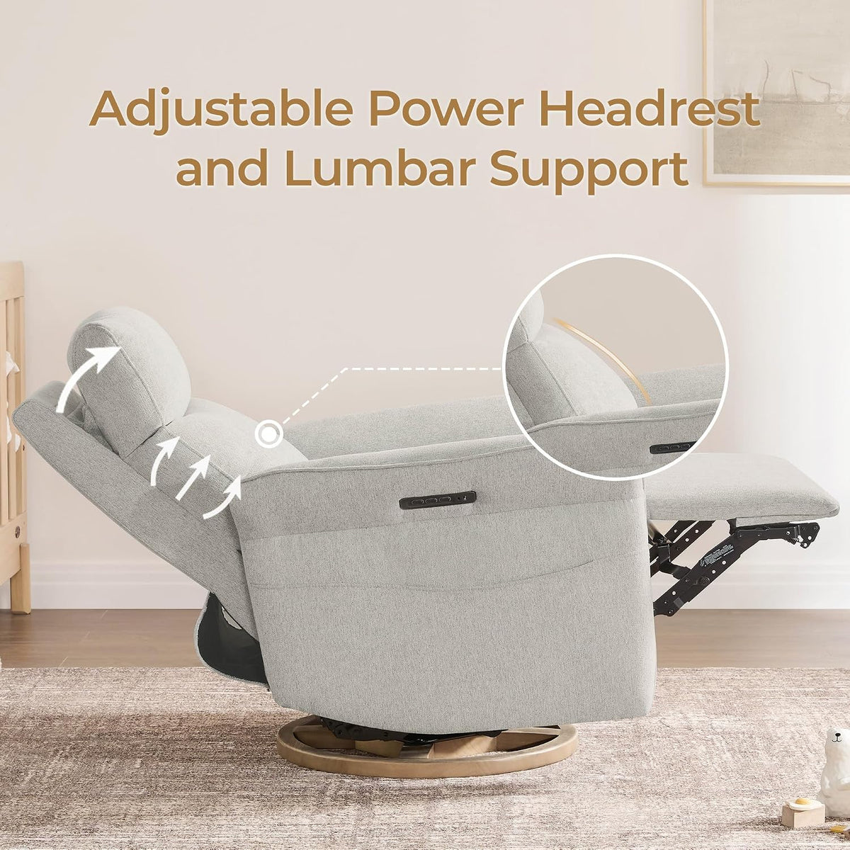 Power Swivel Glider Nursery Recliner Chair, Triple Motor, Khaki Grey
