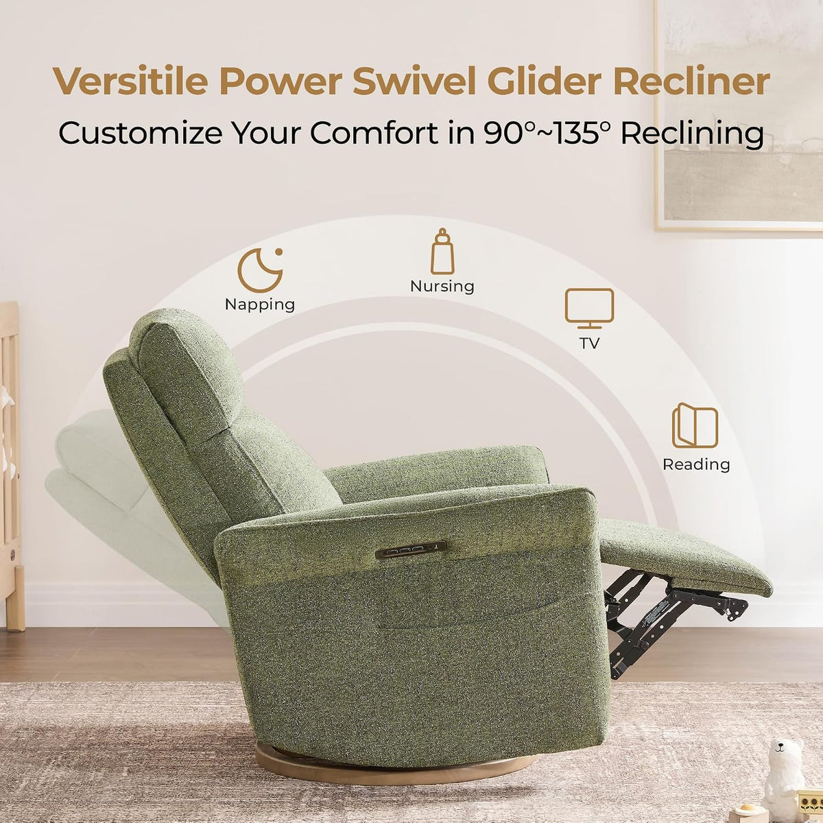 Power Swivel Glider Nursery Recliner Chair, Triple Motor, Khaki Grey