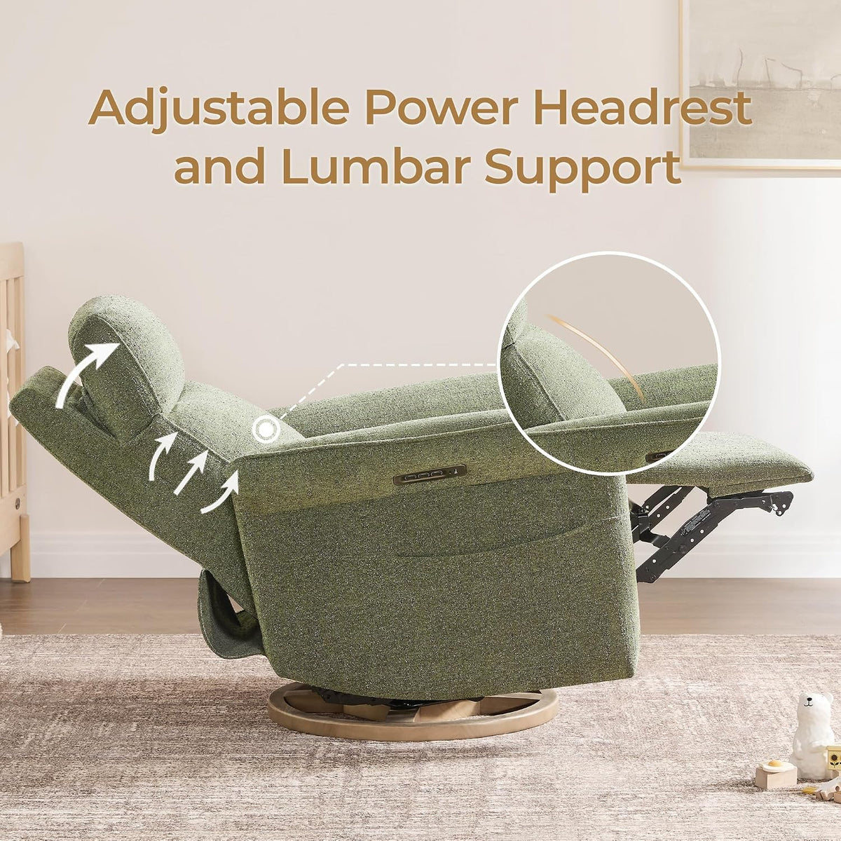 Power Swivel Glider Nursery Recliner Chair, Triple Motor, Khaki Grey