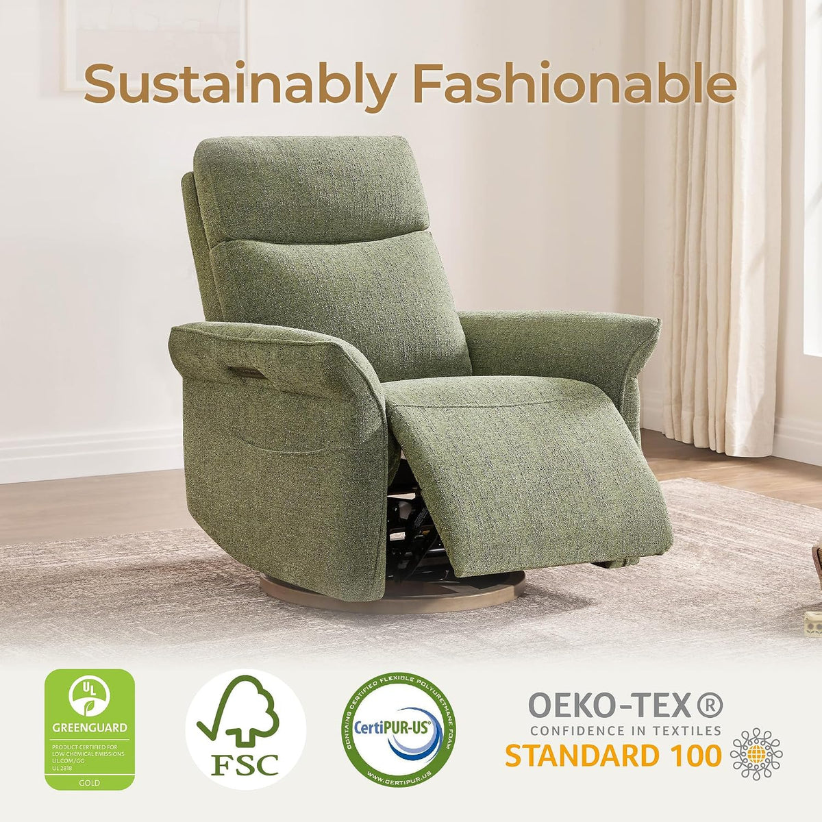 Power Swivel Glider Nursery Recliner Chair, Triple Motor, Khaki Grey
