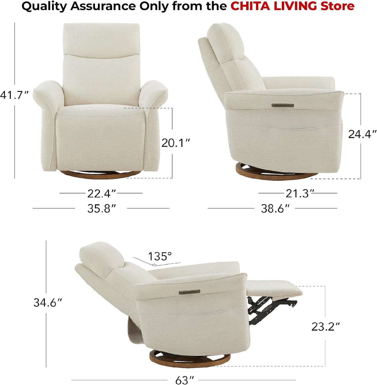 Power Swivel Glider Nursery Recliner Chair, Triple Motor, Khaki Grey