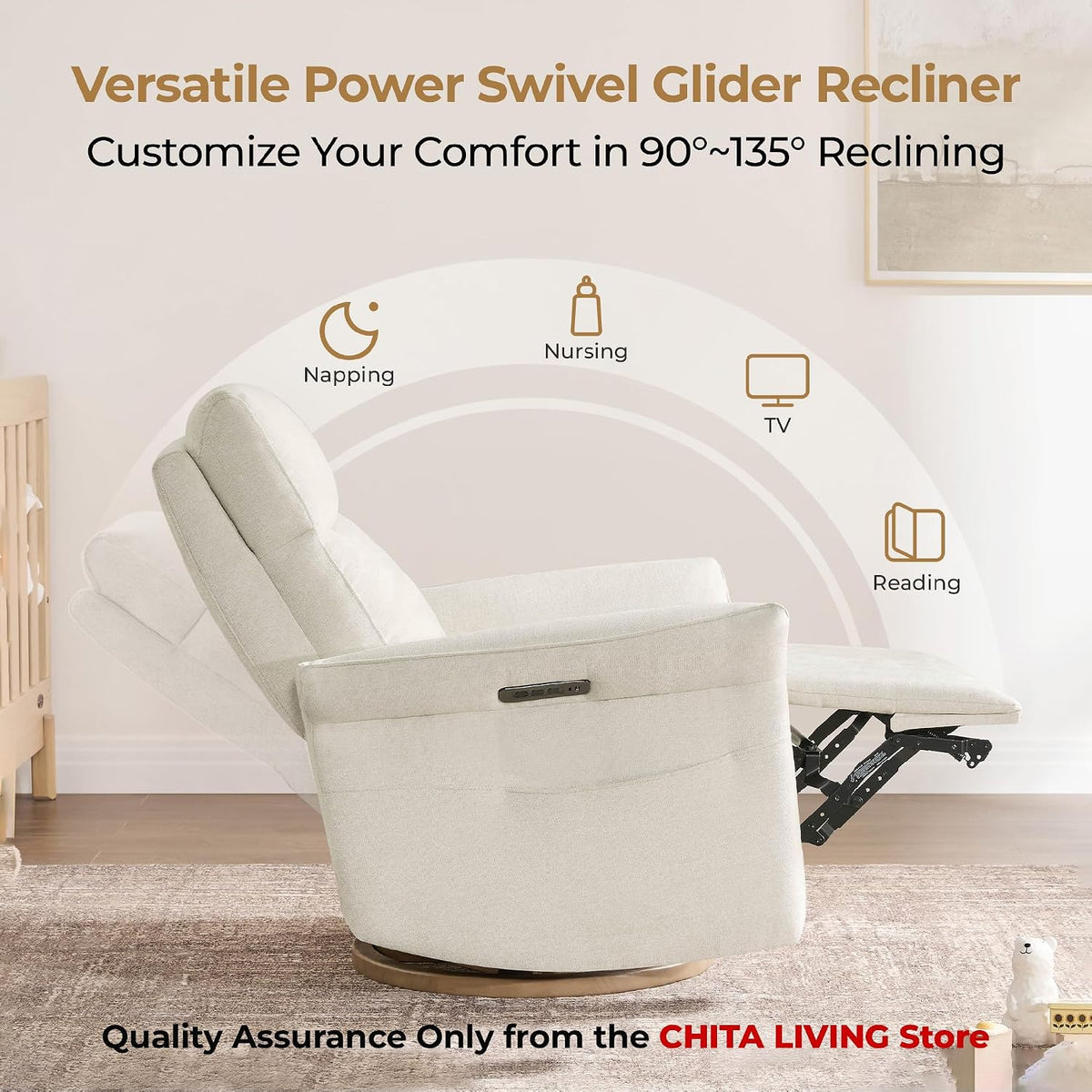 Power Swivel Glider Nursery Recliner Chair, Triple Motor, Khaki Grey