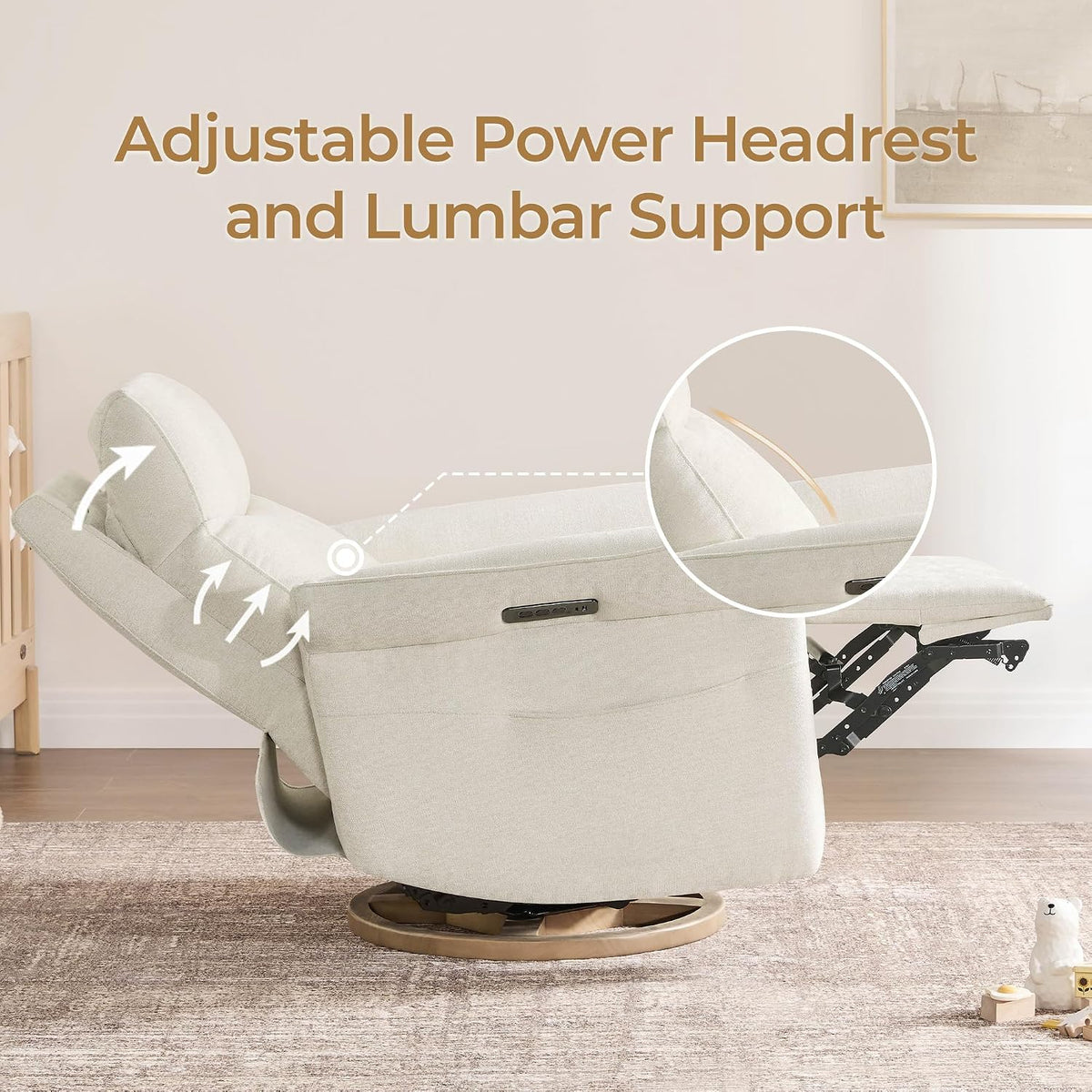Power Swivel Glider Nursery Recliner Chair, Triple Motor, Khaki Grey
