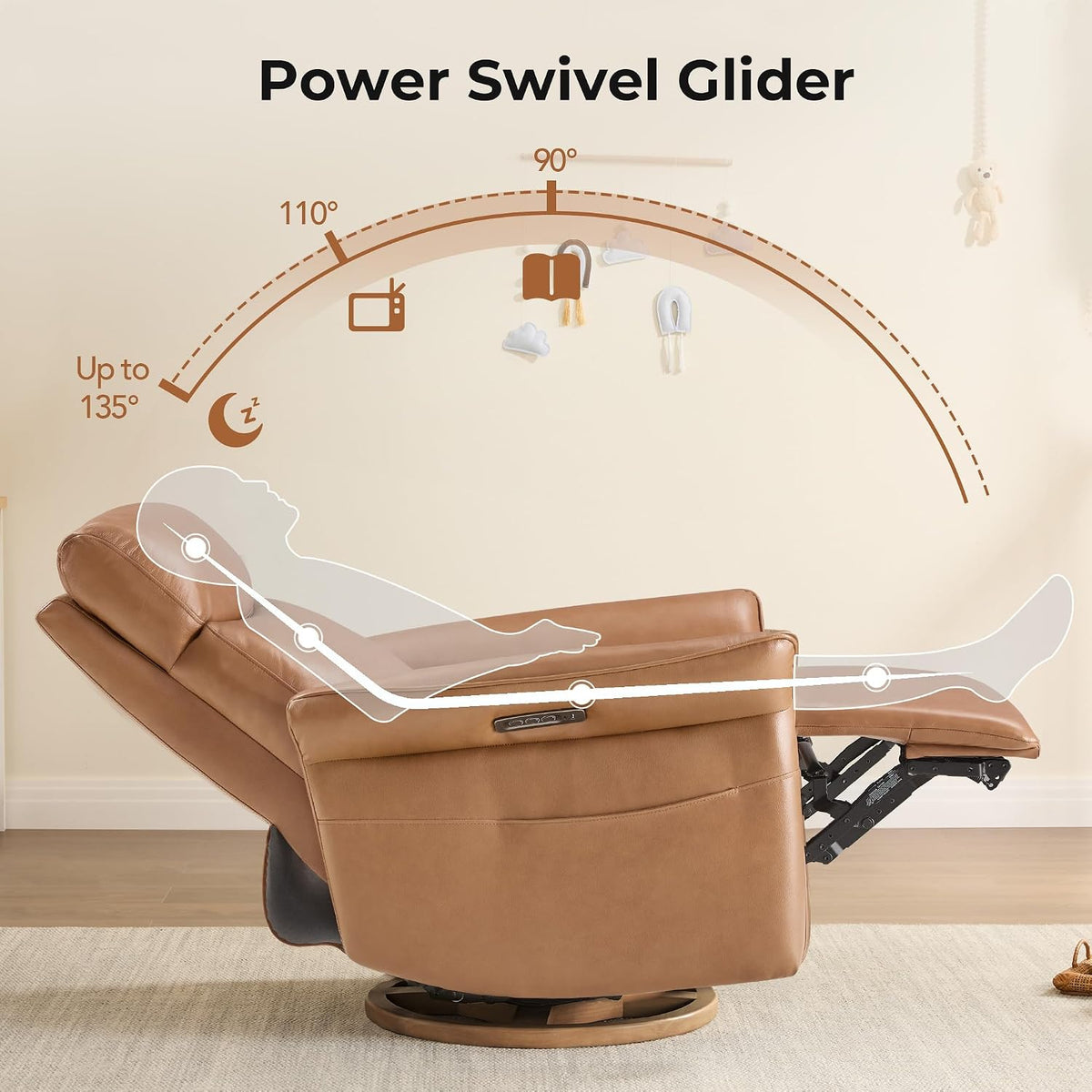 Power Swivel Glider Nursery Recliner Chair, Triple Motor, Khaki Grey