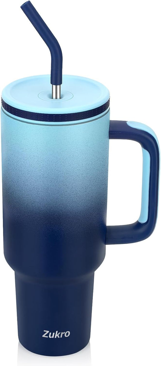 Zukro 40 oz Insulated Tumbler with Handle and Straw, Spill Proof Lid | No Sweat Stainless Steel Travel Cup Fits in Cupholder, Keep Drinks Cold 24 Hours for Home, Office, Dishwasher Safe, BPA Free
