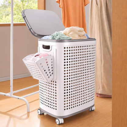 85L Large Capacity Laundry Basket with Removable Lid and Liner - Sturdy and durable wheeled laundry basket, space-saving, Lockable 360° Wheels for Bathroom Bedroom Dorm Home Storage(White)
