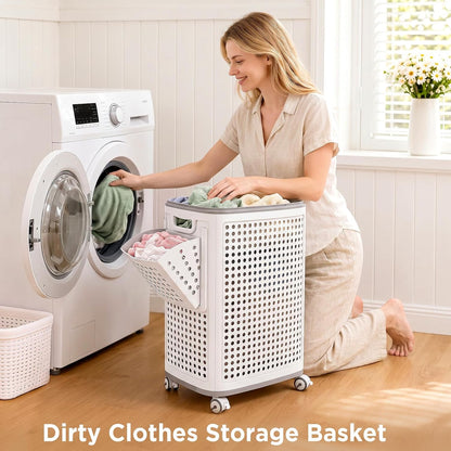 85L Large Capacity Laundry Basket with Removable Lid and Liner - Sturdy and durable wheeled laundry basket, space-saving, Lockable 360° Wheels for Bathroom Bedroom Dorm Home Storage(White)