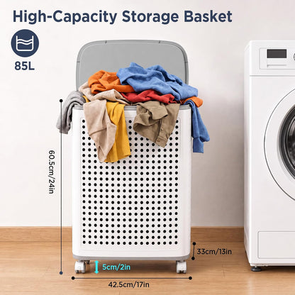 85L Large Capacity Laundry Basket with Removable Lid and Liner - Sturdy and durable wheeled laundry basket, space-saving, Lockable 360° Wheels for Bathroom Bedroom Dorm Home Storage(White)