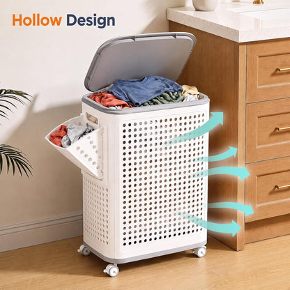 85L Large Capacity Laundry Basket with Removable Lid and Liner - Sturdy and durable wheeled laundry basket, space-saving, Lockable 360° Wheels for Bathroom Bedroom Dorm Home Storage(White)