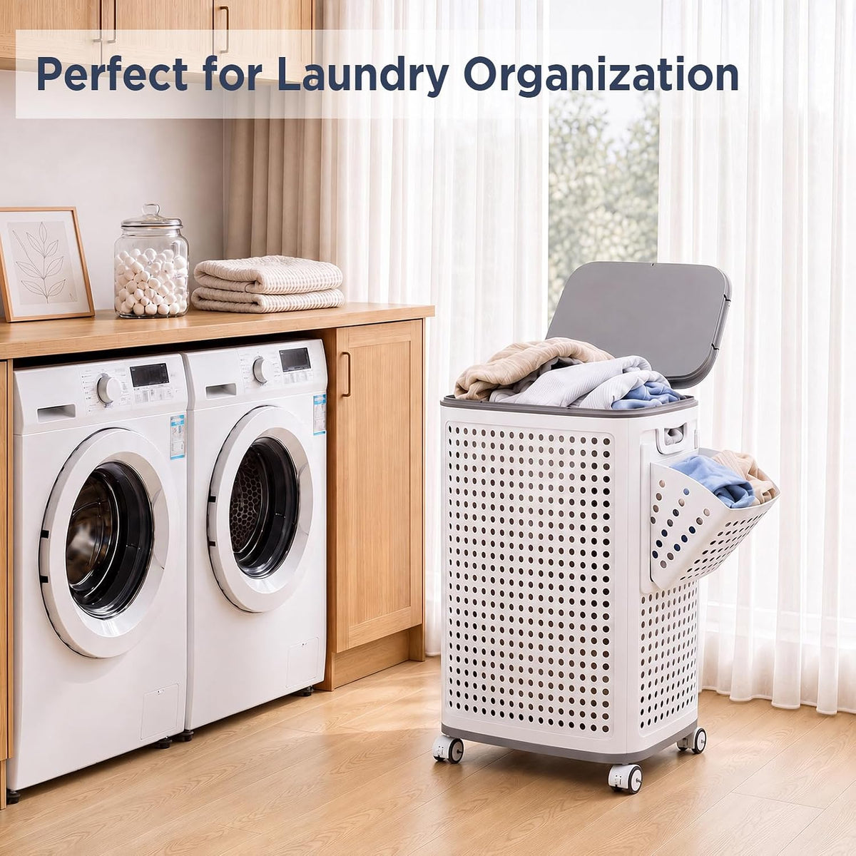 85L Large Capacity Laundry Basket with Removable Lid and Liner - Sturdy and durable wheeled laundry basket, space-saving, Lockable 360° Wheels for Bathroom Bedroom Dorm Home Storage(White)