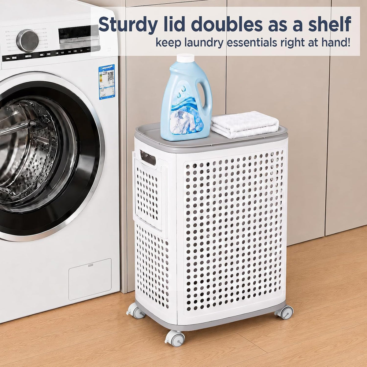 85L Large Capacity Laundry Basket with Removable Lid and Liner - Sturdy and durable wheeled laundry basket, space-saving, Lockable 360° Wheels for Bathroom Bedroom Dorm Home Storage(White)