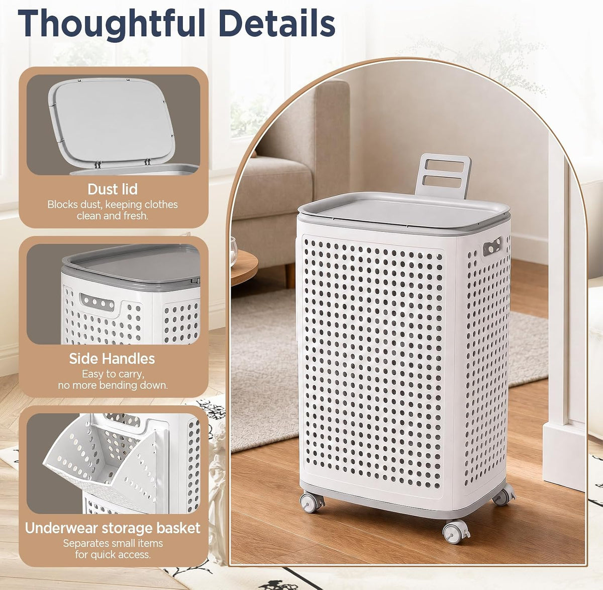 85L Large Capacity Laundry Basket with Removable Lid and Liner - Sturdy and durable wheeled laundry basket, space-saving, Lockable 360° Wheels for Bathroom Bedroom Dorm Home Storage(White)