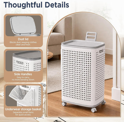 85L Large Capacity Laundry Basket with Removable Lid and Liner - Sturdy and durable wheeled laundry basket, space-saving, Lockable 360° Wheels for Bathroom Bedroom Dorm Home Storage(White)