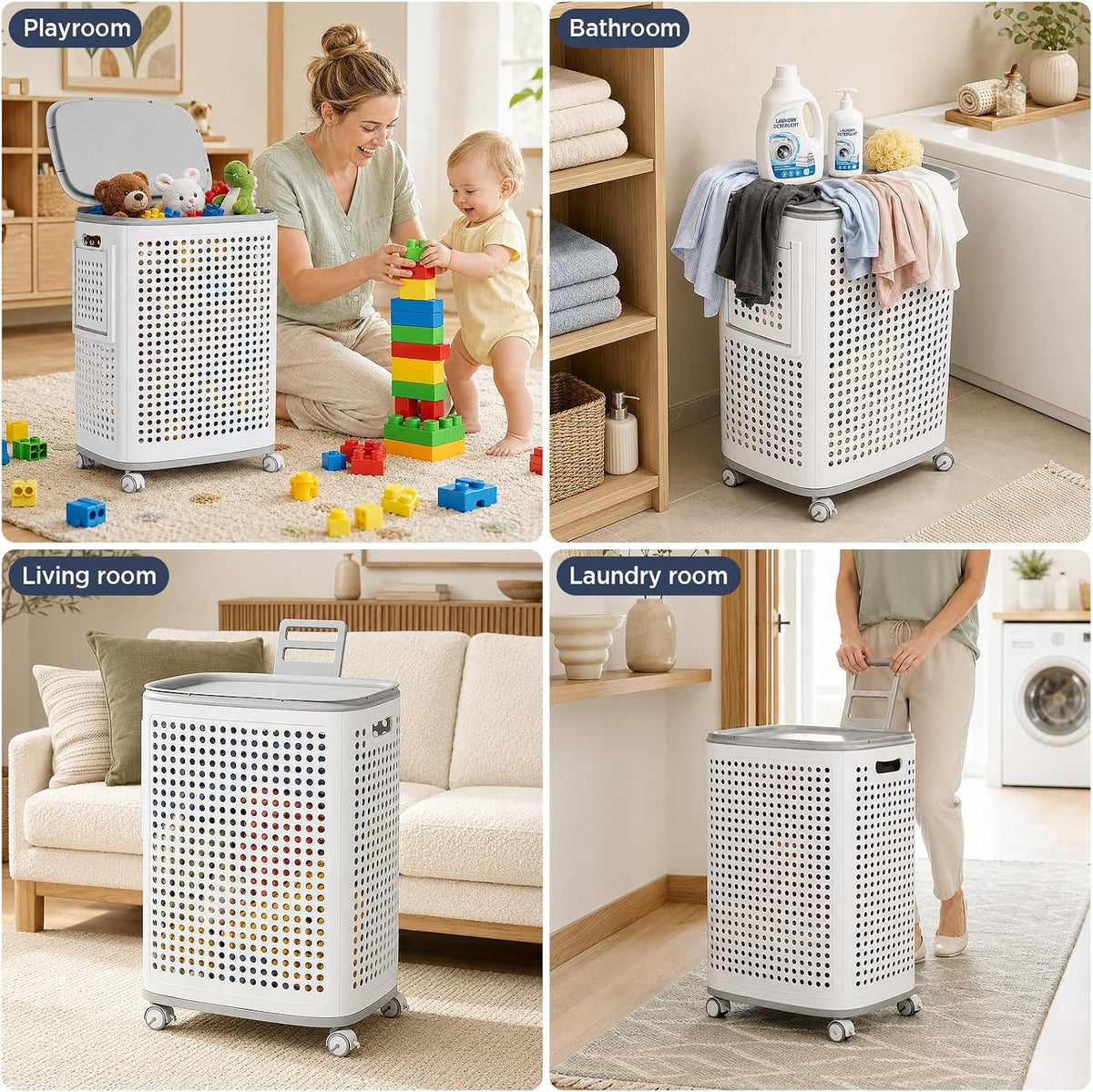 85L Large Capacity Laundry Basket with Removable Lid and Liner - Sturdy and durable wheeled laundry basket, space-saving, Lockable 360° Wheels for Bathroom Bedroom Dorm Home Storage(White)