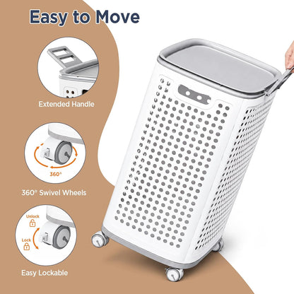 85L Large Capacity Laundry Basket with Removable Lid and Liner - Sturdy and durable wheeled laundry basket, space-saving, Lockable 360° Wheels for Bathroom Bedroom Dorm Home Storage(White)