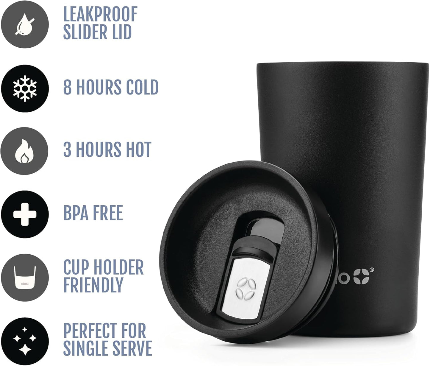 Jones 11oz Insulated Stainless Steel Leakproof Travel Mug, Black | Leakproof coffee cup keeps drinks hot for 3 hours. BPA-free, single-serve size, great for hot drinks, tea, and the office.