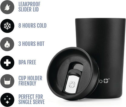 Jones 11oz Insulated Stainless Steel Leakproof Travel Mug, Black | Leakproof coffee cup keeps drinks hot for 3 hours. BPA-free, single-serve size, great for hot drinks, tea, and the office.