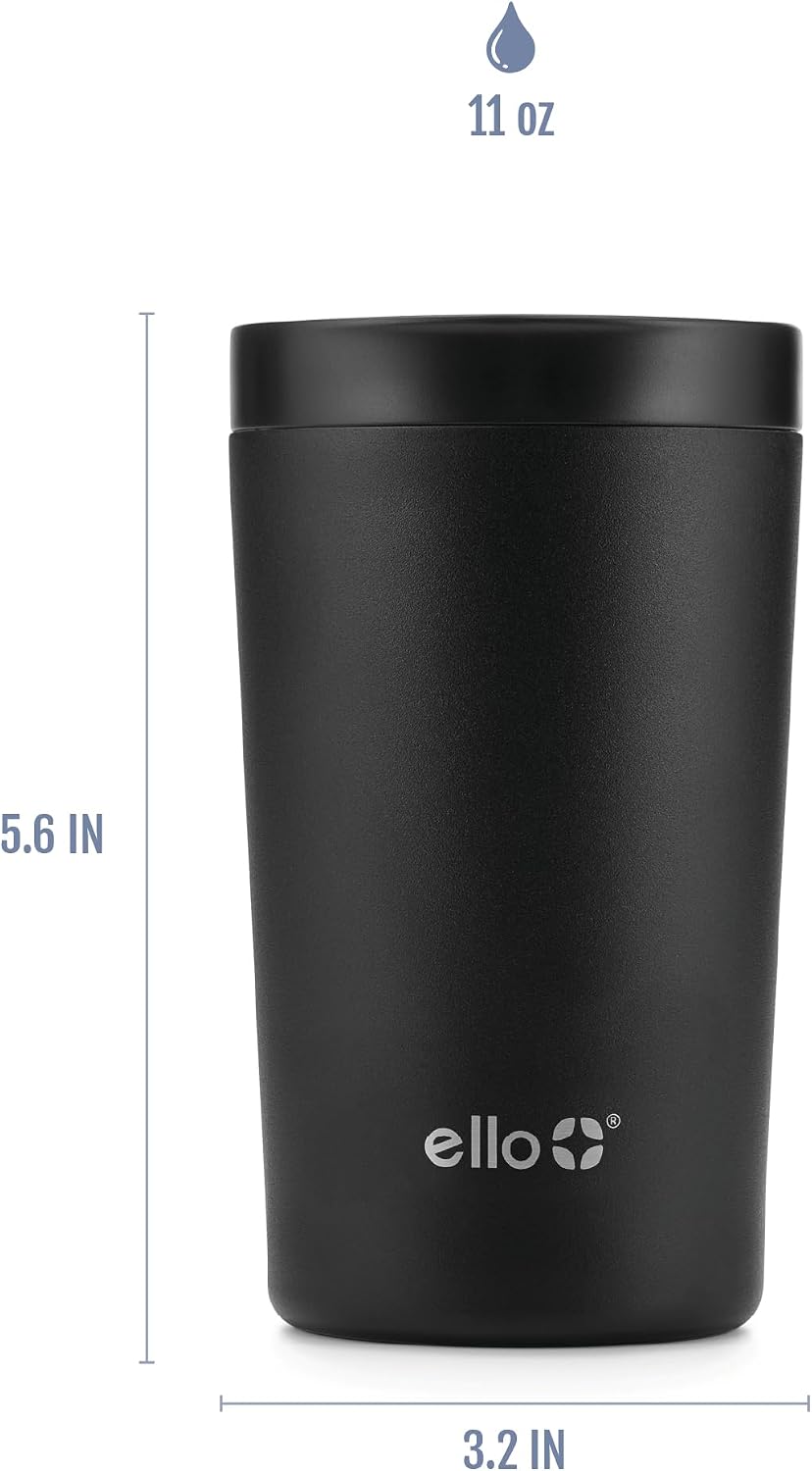 Jones 11oz Insulated Stainless Steel Leakproof Travel Mug, Black | Leakproof coffee cup keeps drinks hot for 3 hours. BPA-free, single-serve size, great for hot drinks, tea, and the office.