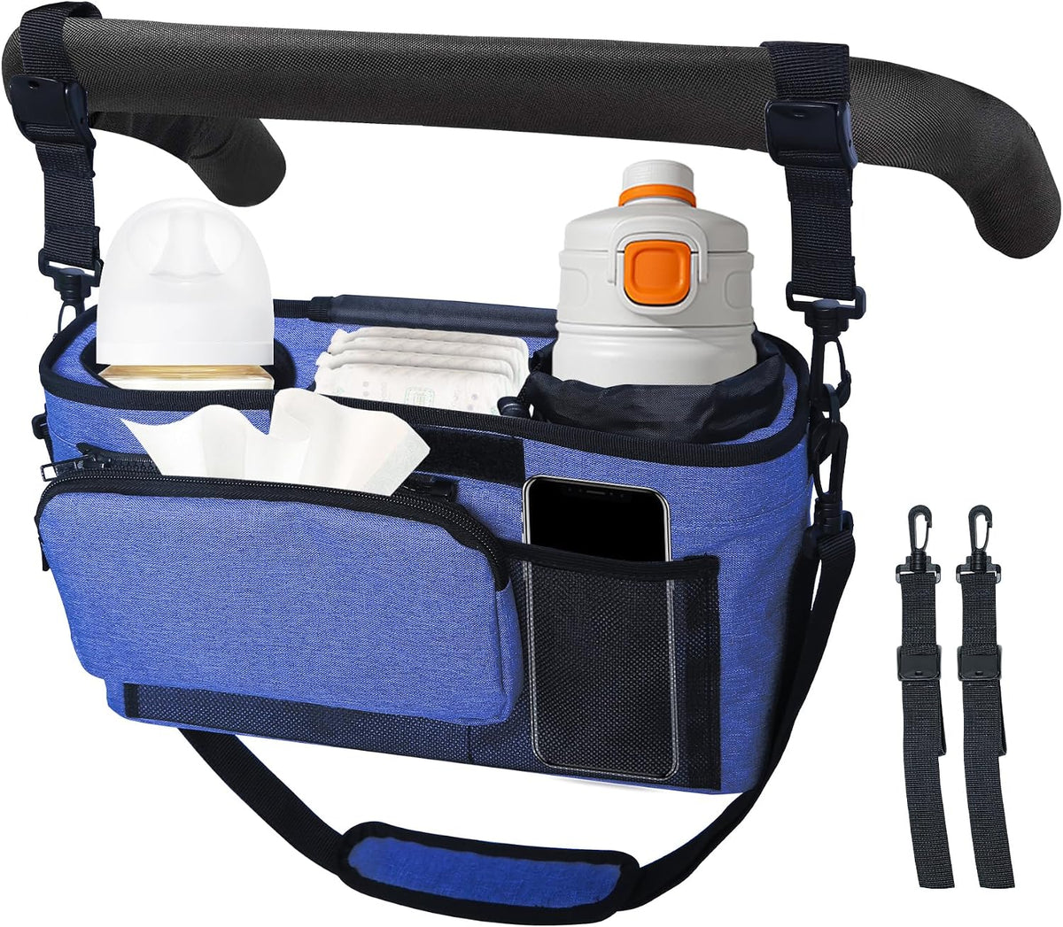 Universal Baby Stroller Organizer, 2 Heightened Insulated Cup Holders, Detachable Zippered Pocket, Adjustable Shoulder Strap, Non-Slip Secure Hooks Accessories，Large Capacity for Baby Essentials Navy