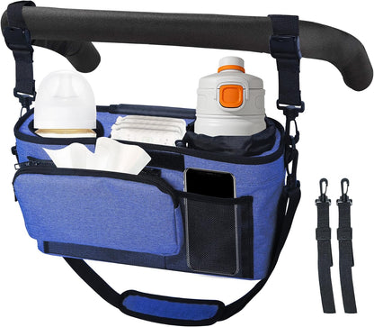 Universal Baby Stroller Organizer, 2 Heightened Insulated Cup Holders, Detachable Zippered Pocket, Adjustable Shoulder Strap, Non-Slip Secure Hooks Accessories，Large Capacity for Baby Essentials Navy