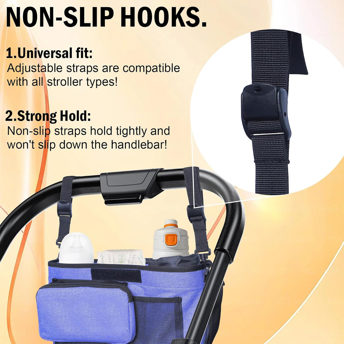 Universal Baby Stroller Organizer, 2 Heightened Insulated Cup Holders, Detachable Zippered Pocket, Adjustable Shoulder Strap, Non-Slip Secure Hooks Accessories，Large Capacity for Baby Essentials Navy