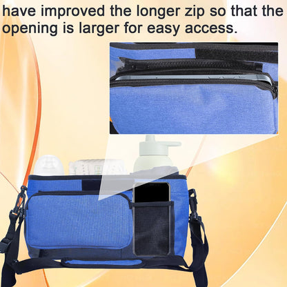 Universal Baby Stroller Organizer, 2 Heightened Insulated Cup Holders, Detachable Zippered Pocket, Adjustable Shoulder Strap, Non-Slip Secure Hooks Accessories，Large Capacity for Baby Essentials Navy