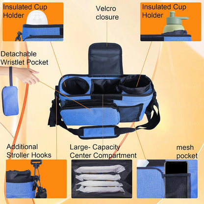 Universal Baby Stroller Organizer, 2 Heightened Insulated Cup Holders, Detachable Zippered Pocket, Adjustable Shoulder Strap, Non-Slip Secure Hooks Accessories，Large Capacity for Baby Essentials Navy