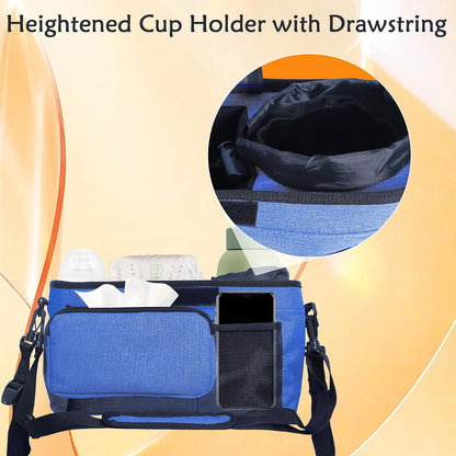 Universal Baby Stroller Organizer, 2 Heightened Insulated Cup Holders, Detachable Zippered Pocket, Adjustable Shoulder Strap, Non-Slip Secure Hooks Accessories，Large Capacity for Baby Essentials Navy