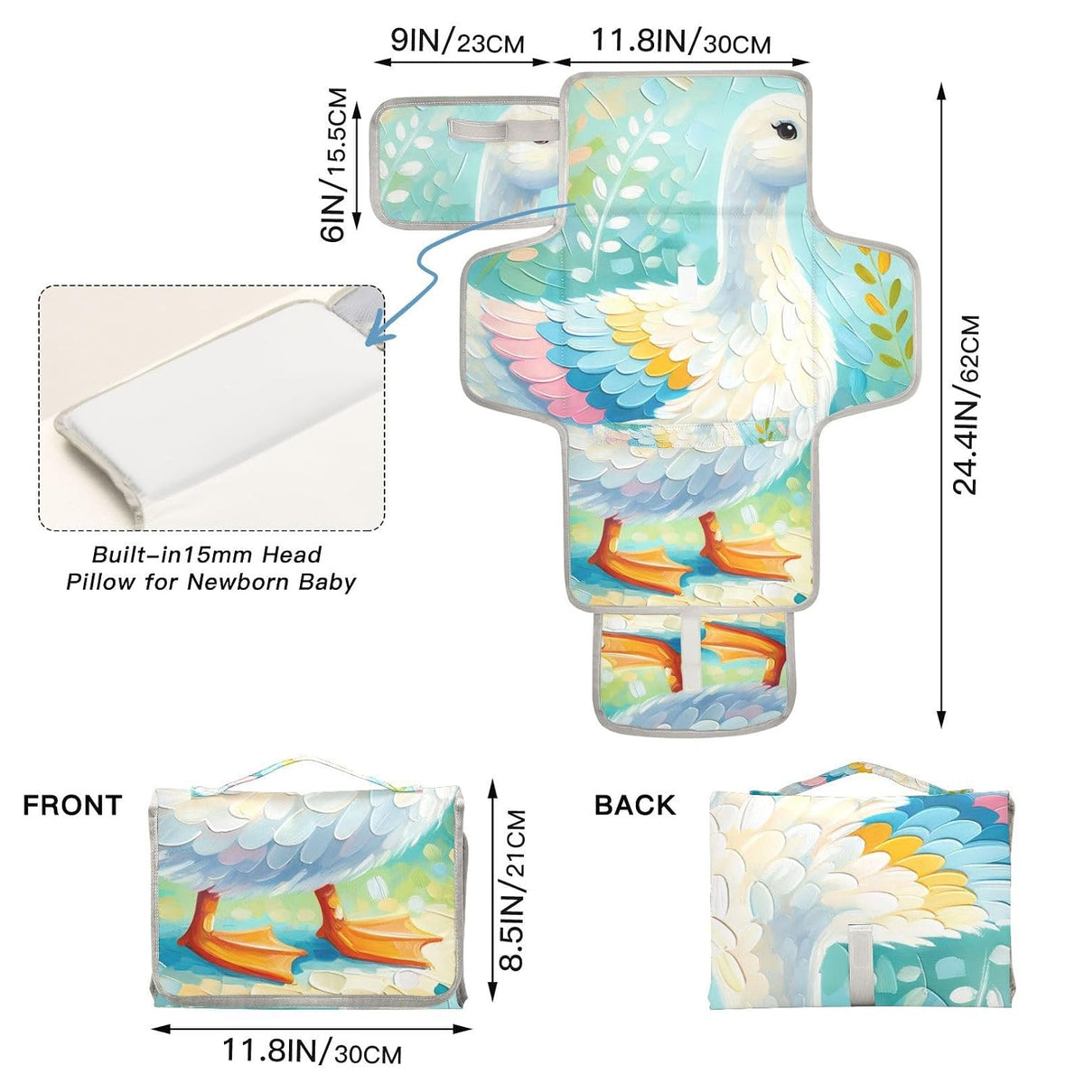 Goose Portable Diaper Changing Pad - Waterproof Travel Mat with Head Cushion, Diaper & Wipes Pockets, Foldable Baby Changing Mat for On-The-Go Parents