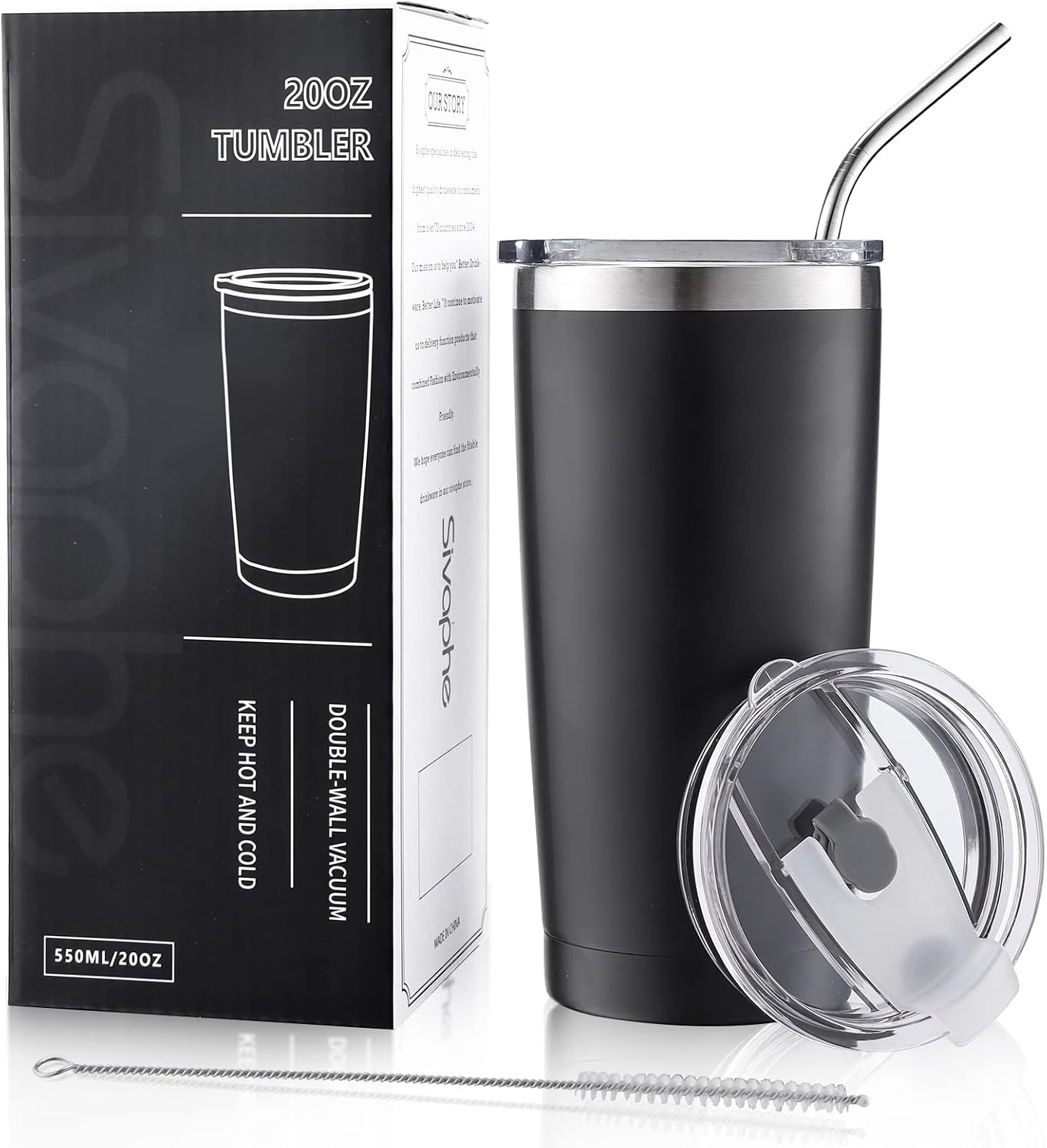 20oz Tumbler Stainless Steel with Lid Insulated Double Wall Coffee Travel Mug Durable Power Coated Thermal Cup Dishwasher Safty Sliver