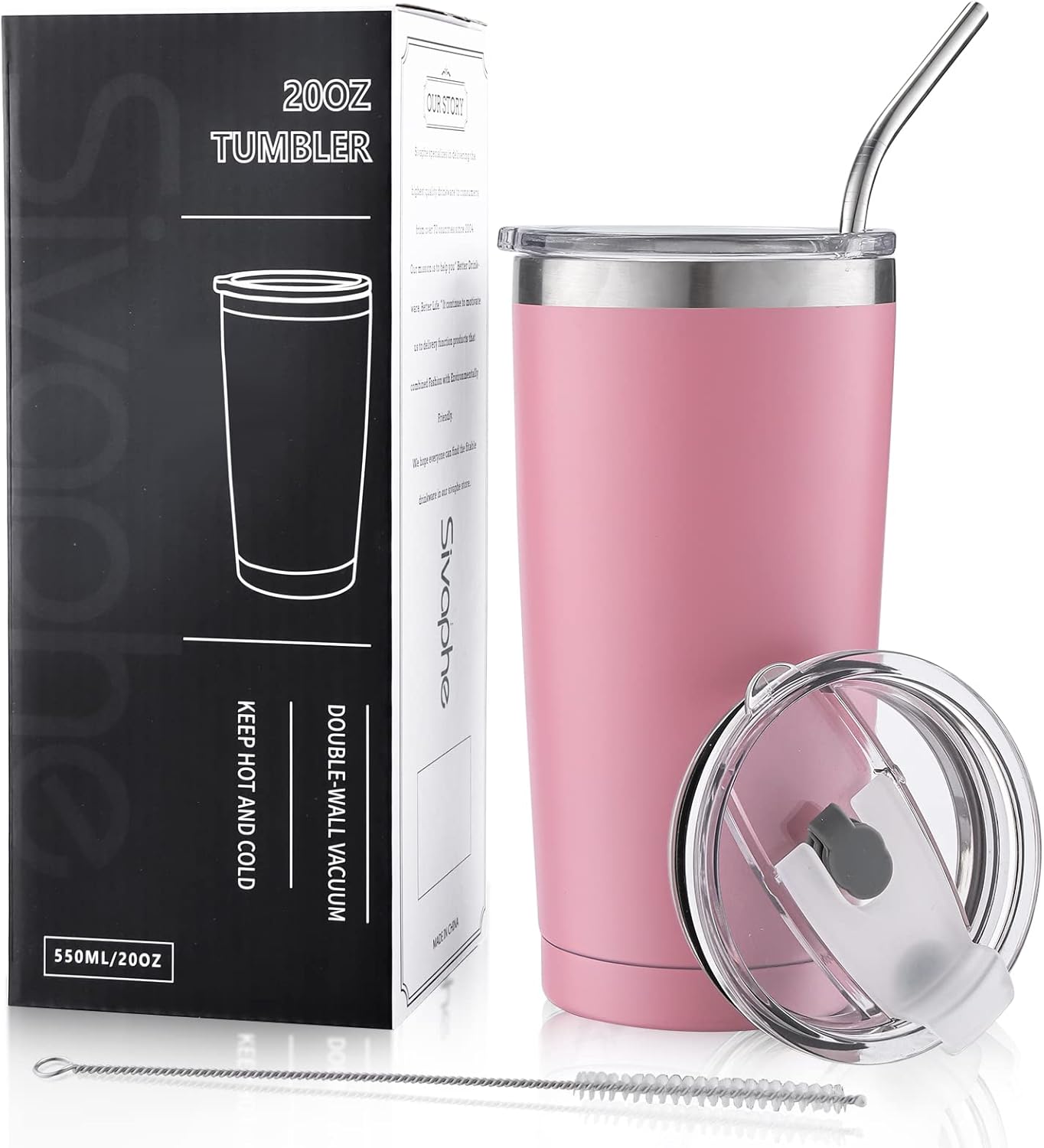 20oz Tumbler Stainless Steel with Lid Insulated Double Wall Coffee Travel Mug Durable Power Coated Thermal Cup Dishwasher Safty Sliver