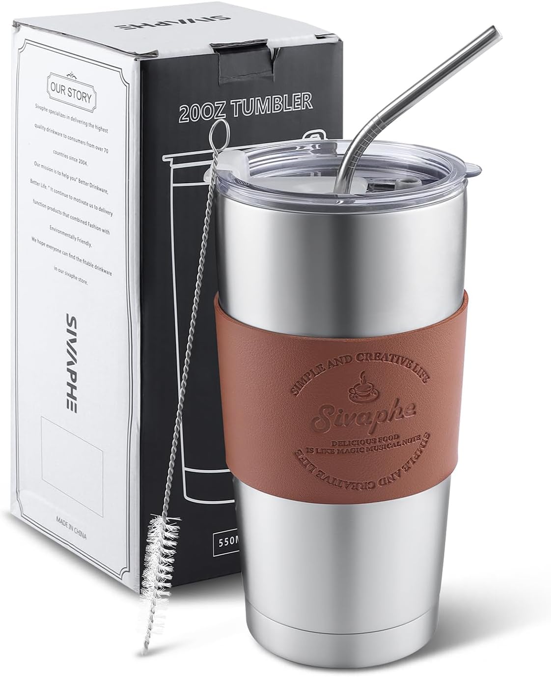 20oz Tumbler Stainless Steel with Lid Insulated Double Wall Coffee Travel Mug Durable Power Coated Thermal Cup Dishwasher Safty Sliver