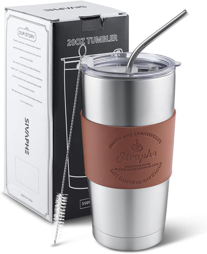 20oz Tumbler Stainless Steel with Lid Insulated Double Wall Coffee Travel Mug Durable Power Coated Thermal Cup Dishwasher Safty Sliver