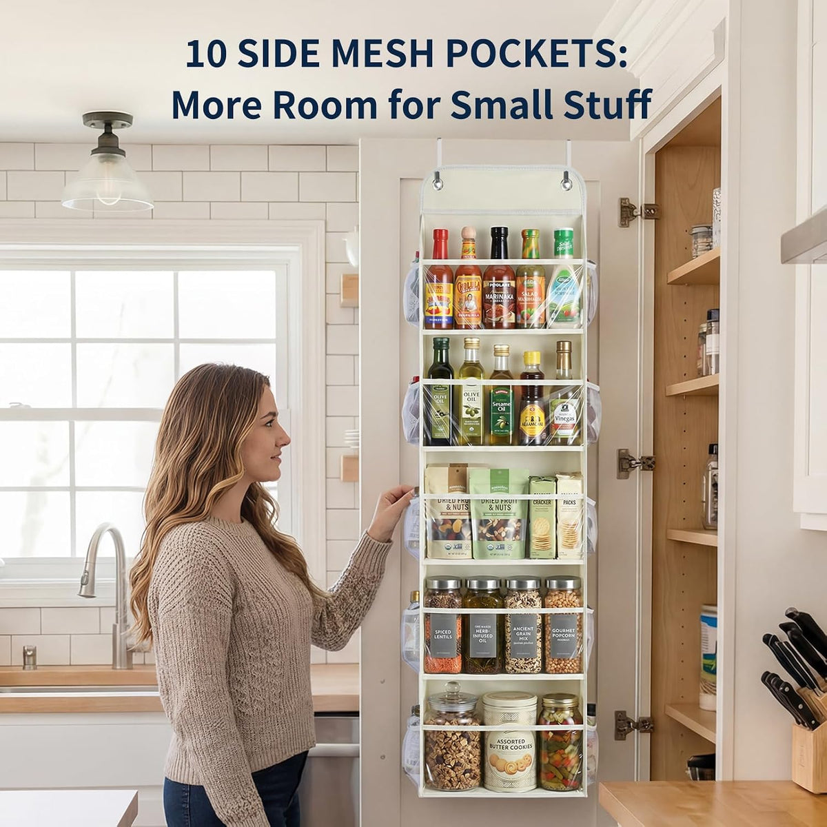 5-Tier Over the Door Organizer Hanging, 10 Side Pockets, Grey