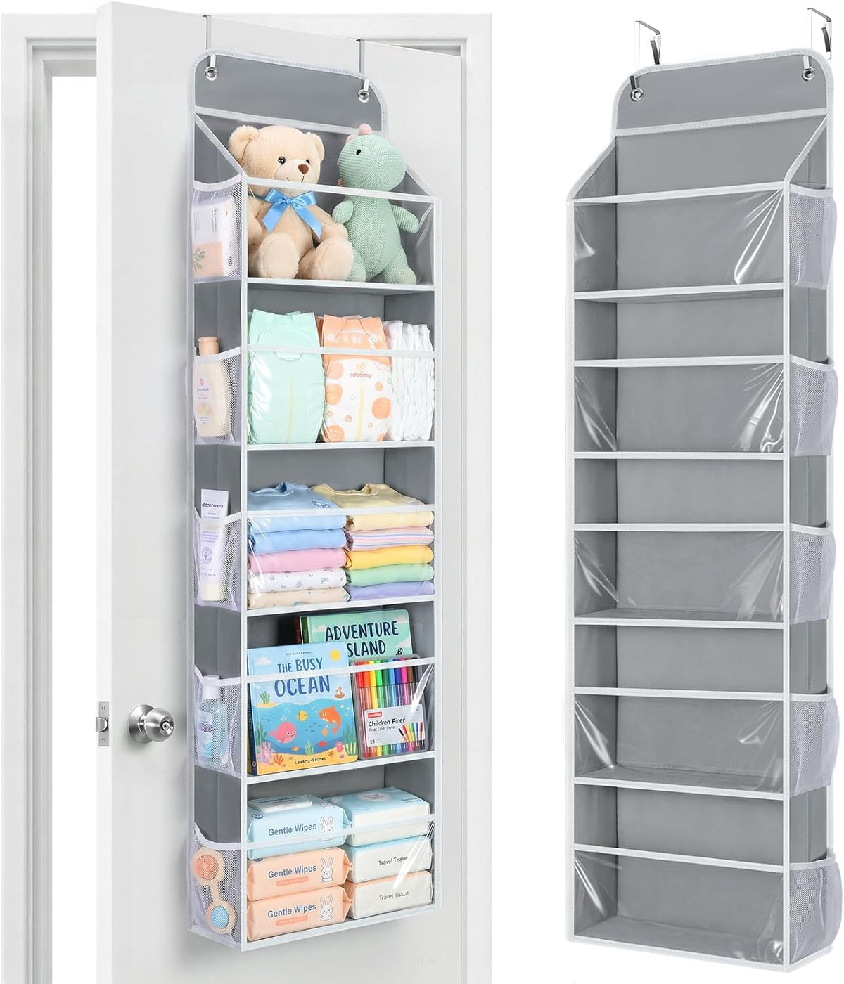 5-Tier Over the Door Organizer Hanging, 10 Side Pockets, Grey