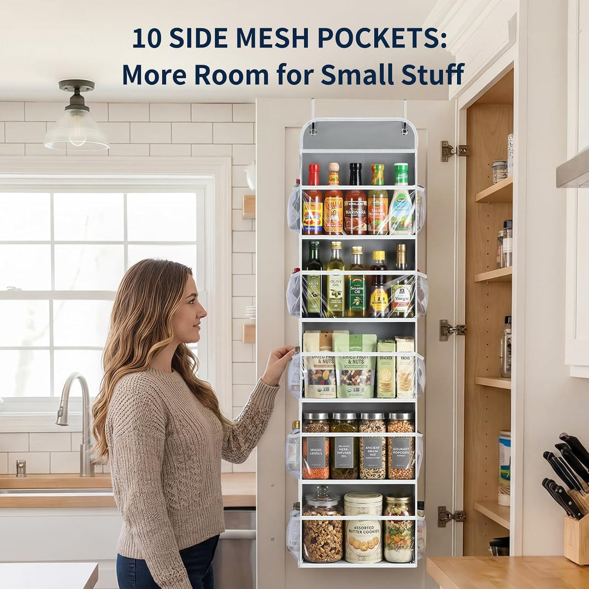 5-Tier Over the Door Organizer Hanging, 10 Side Pockets, Grey