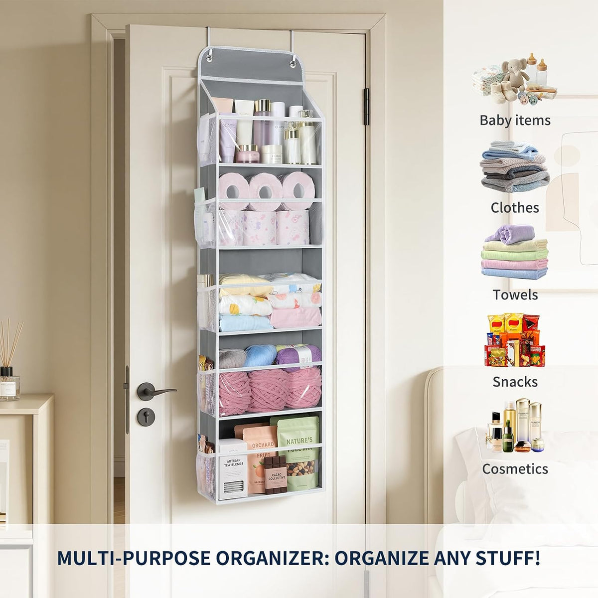 5-Tier Over the Door Organizer Hanging, 10 Side Pockets, Grey