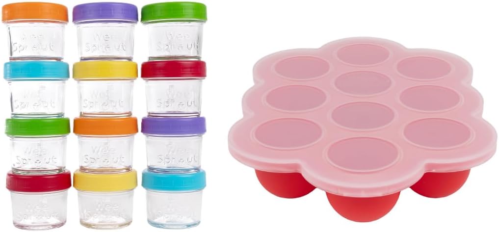 Baby Meal Prep Bundle - Glass Baby Food Storage Jars Containers with Plastic Lids & Silicone Freezer Tray - Microwave, Freezer & Dishwasher Safe - for Baby Food & Breast Milk
