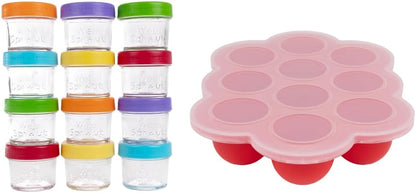 Baby Meal Prep Bundle - Glass Baby Food Storage Jars Containers with Plastic Lids & Silicone Freezer Tray - Microwave, Freezer & Dishwasher Safe - for Baby Food & Breast Milk