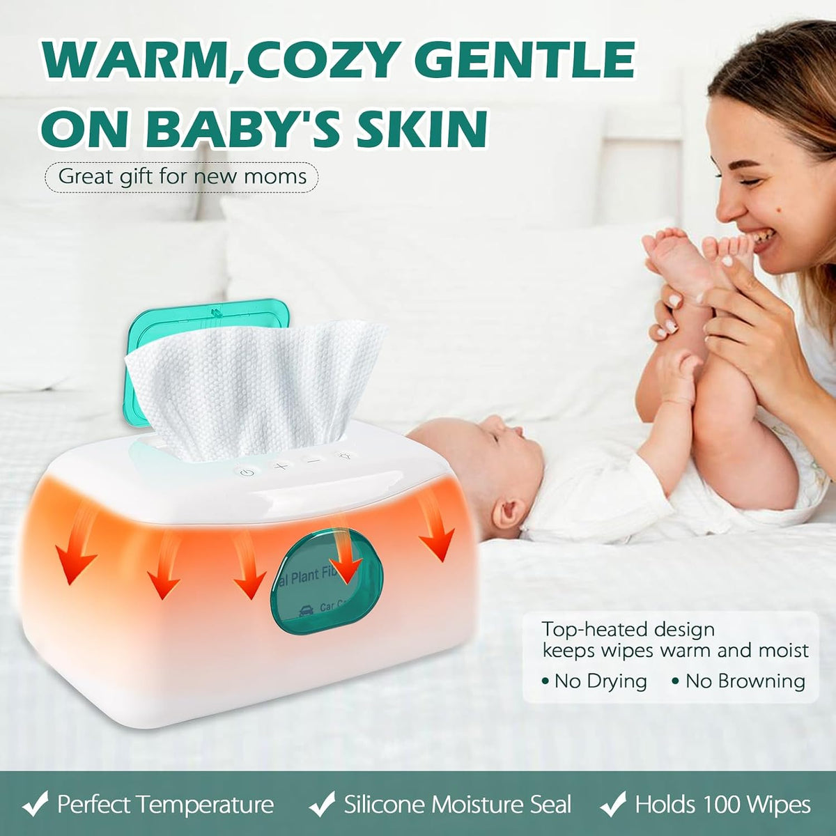 Baby Wipe Warmer with 16-Level Precision Heating, Portable USB-Powered Wet Wipe Warmer, Auto-Lift Spring Wet Wipes Dispenser, Gentle 45°-60° Diaper Wipes Warmer for Diaper Changes, Home & Travel Use