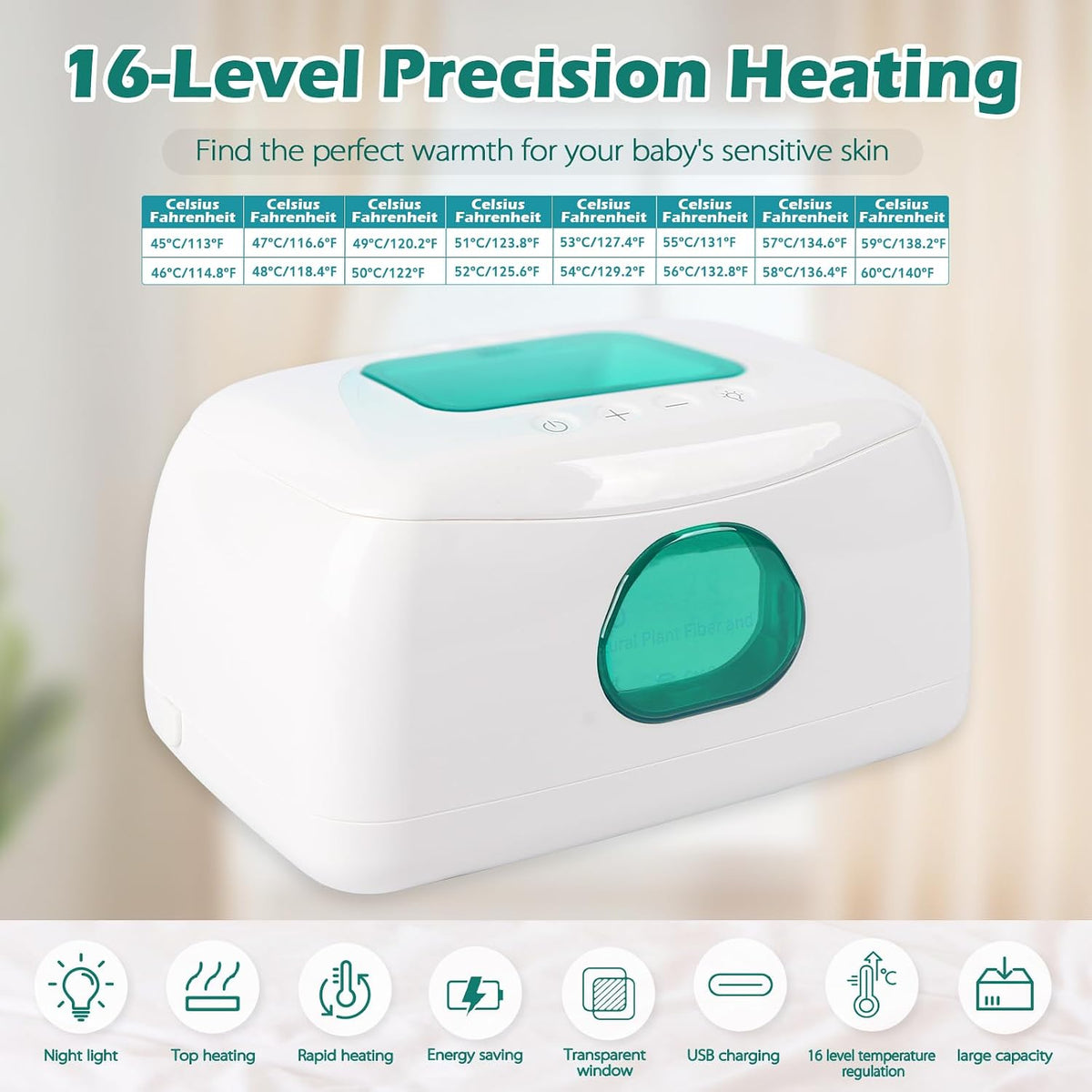 Baby Wipe Warmer with 16-Level Precision Heating, Portable USB-Powered Wet Wipe Warmer, Auto-Lift Spring Wet Wipes Dispenser, Gentle 45°-60° Diaper Wipes Warmer for Diaper Changes, Home & Travel Use