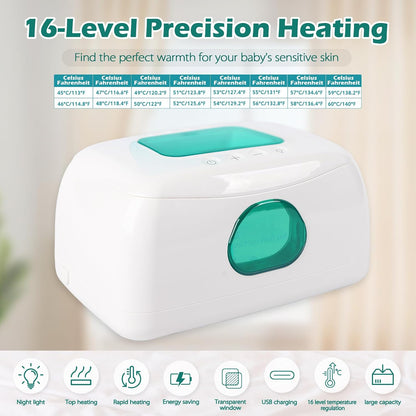 Baby Wipe Warmer with 16-Level Precision Heating, Portable USB-Powered Wet Wipe Warmer, Auto-Lift Spring Wet Wipes Dispenser, Gentle 45°-60° Diaper Wipes Warmer for Diaper Changes, Home & Travel Use