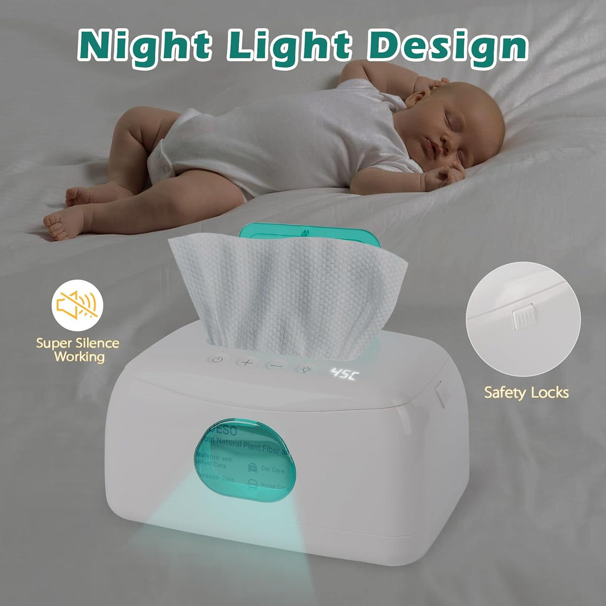 Baby Wipe Warmer with 16-Level Precision Heating, Portable USB-Powered Wet Wipe Warmer, Auto-Lift Spring Wet Wipes Dispenser, Gentle 45°-60° Diaper Wipes Warmer for Diaper Changes, Home & Travel Use