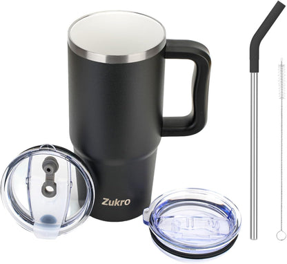 Zukro 24 oz Ceramic Lined Insulated Tumbler with Handle and Straw, Black | No Metal Taste, Double Wall Stainless Steel Coffee Cup for Home/Office, Spill Proof Lid, No Sweat, Keep Drinks Hot or Cold